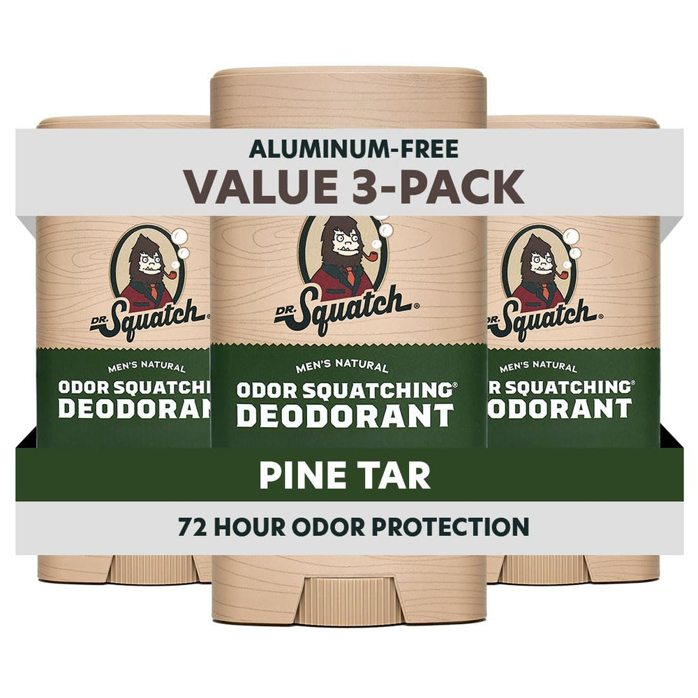 Dr. Squatch 3-pack deodorant front view showing packaging and Pine Tar scent benefit