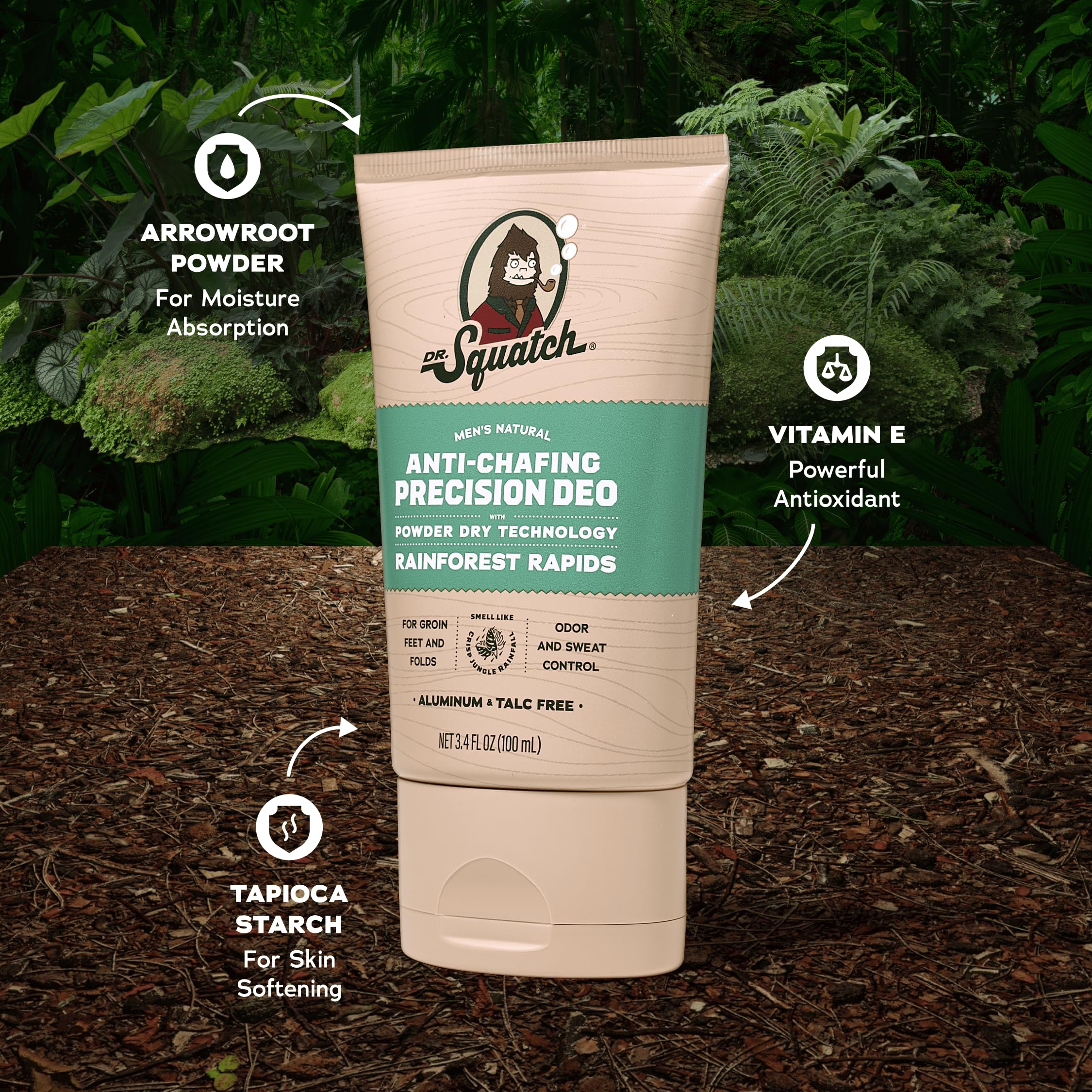 Dr. Squatch close-up label highlighting aluminum-free formula and ingredient clarity