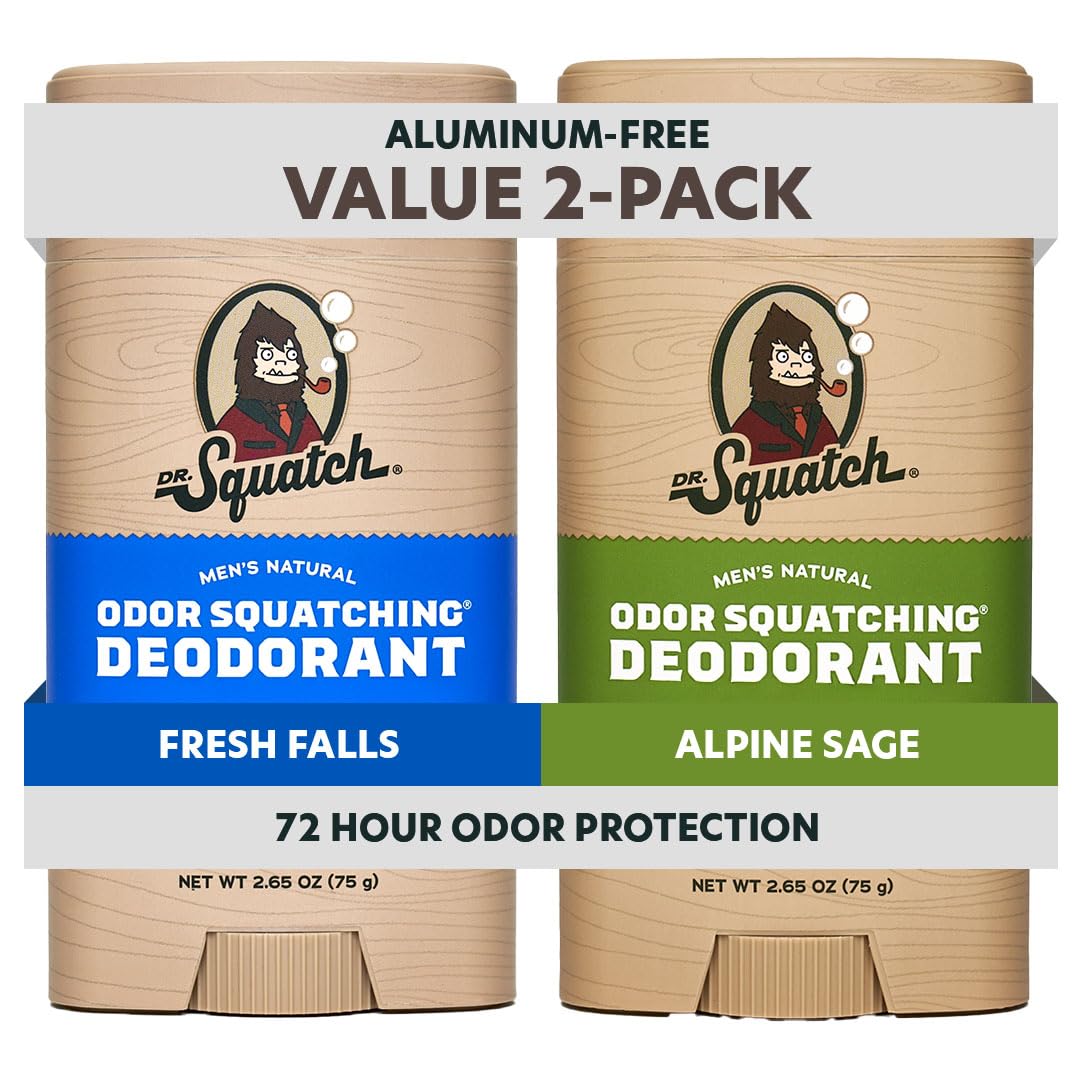 Dr. Squatch front packaging showing two-stick 2-pack and clean design benefits