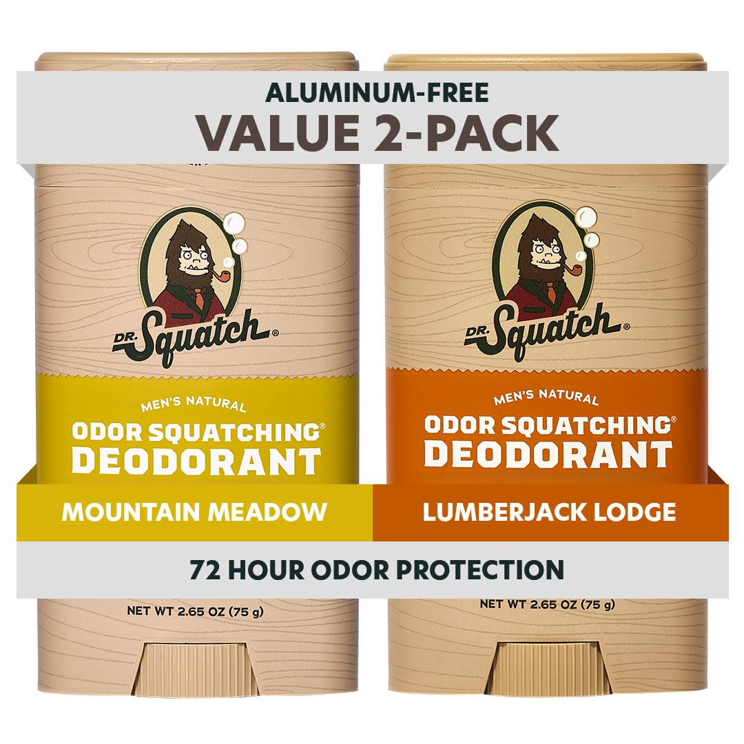 Dr. Squatch deodorant front packaging showing two-stick value pack and brand