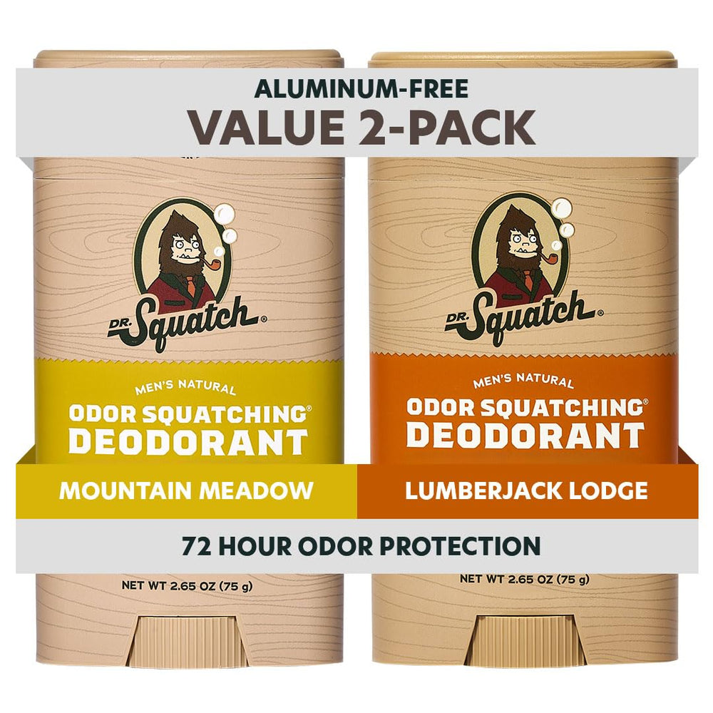 Dr. Squatch deodorant front packaging showing two-stick value pack and brand