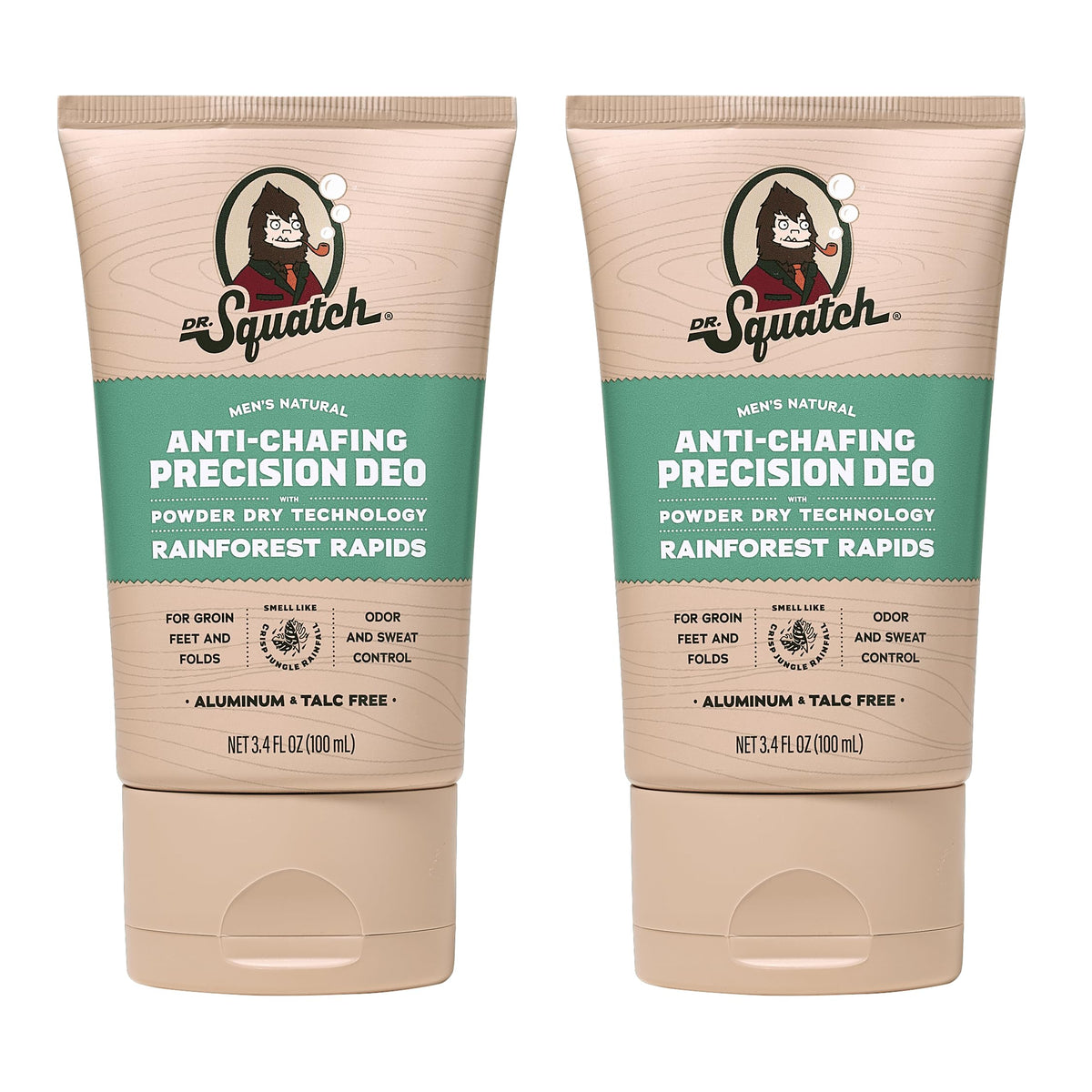 Dr. Squatch front packaging showing two-stick pack and quick-dry benefit