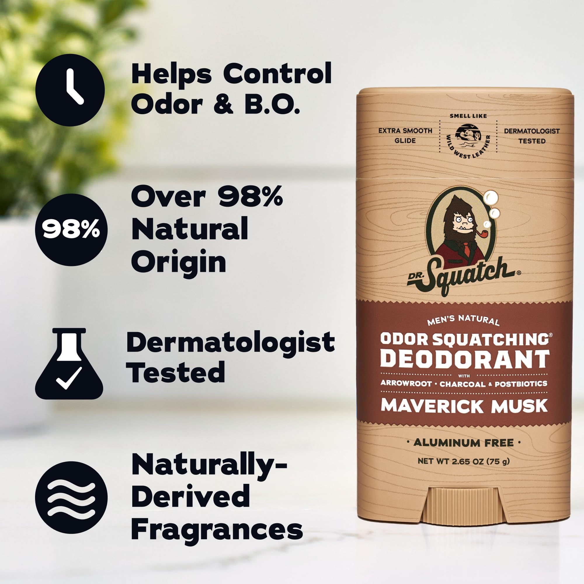 Dr. Squatch deodorant beside shower items illustrating daily routine benefit