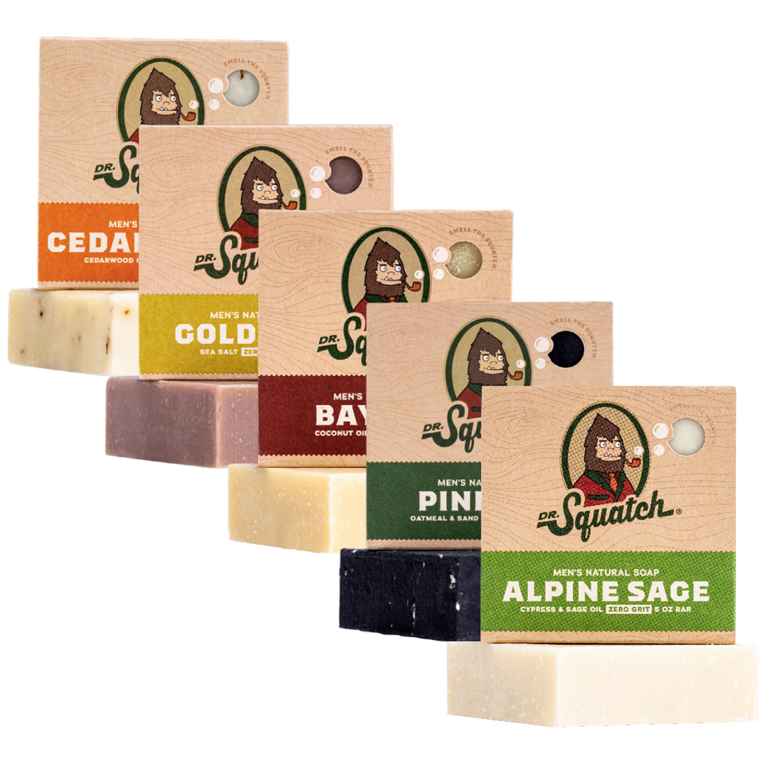 Dr. Squatch five-pack front packaging showing scent variety and natural appeal