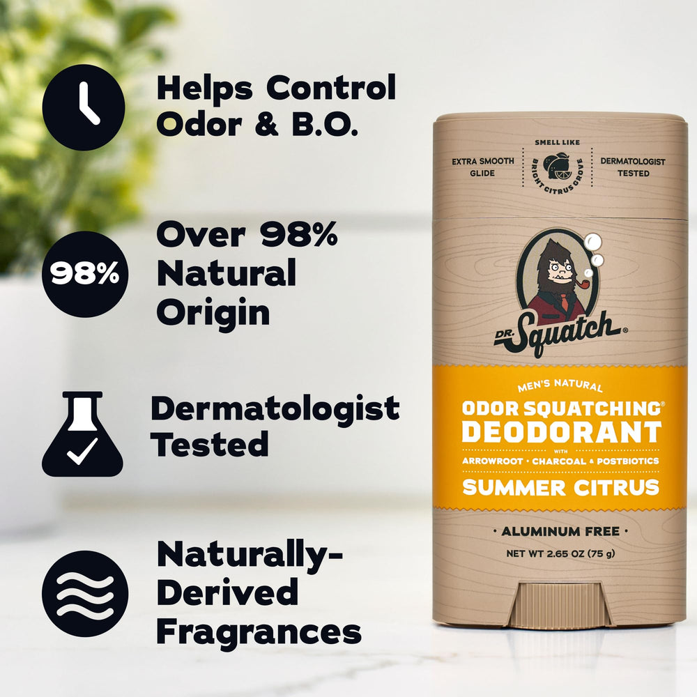 Dr. Squatch Fresh Falls scent styled with wood props showing crisp aroma benefit