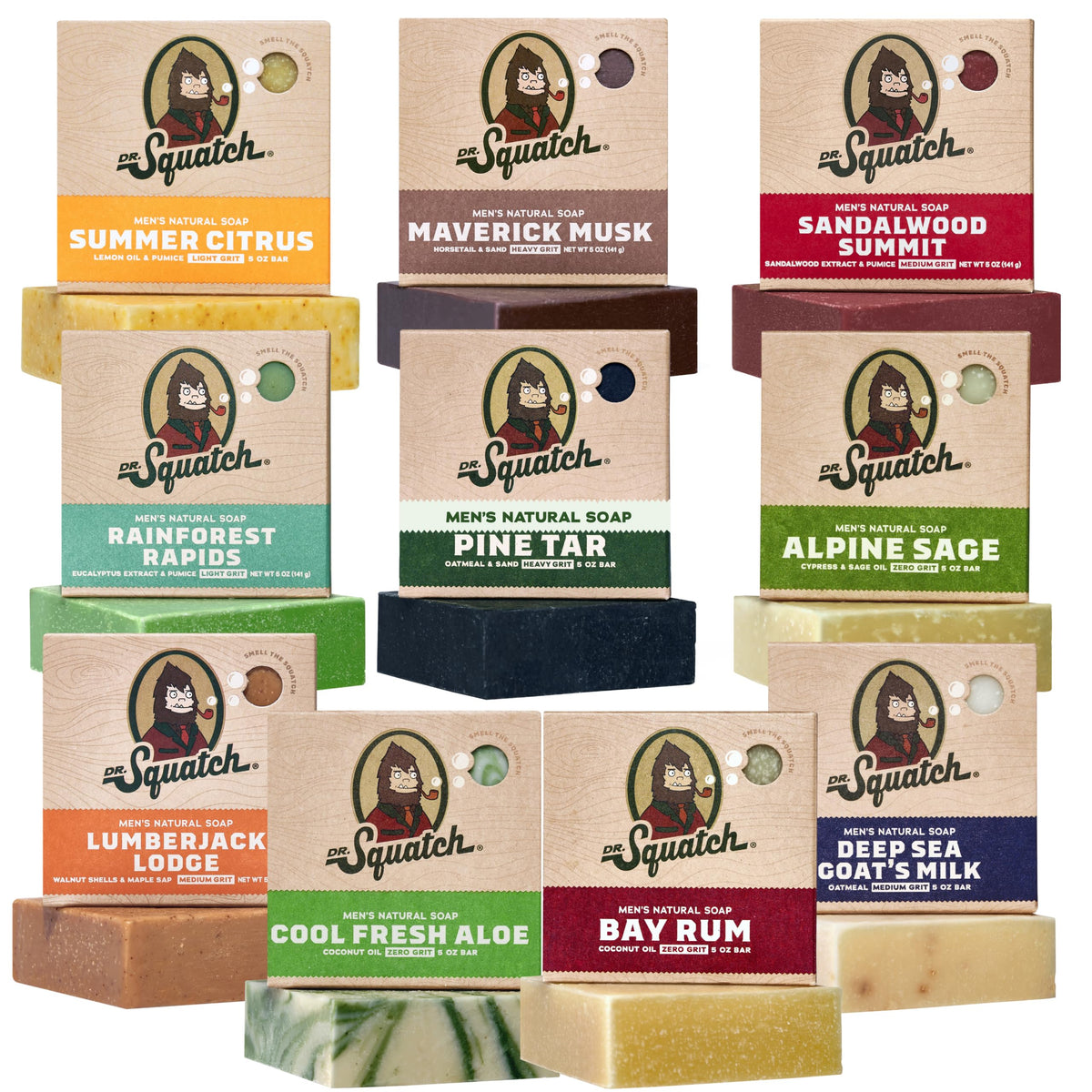 Dr. Squatch front box showing 10-pack and variety of scents for easy gifting