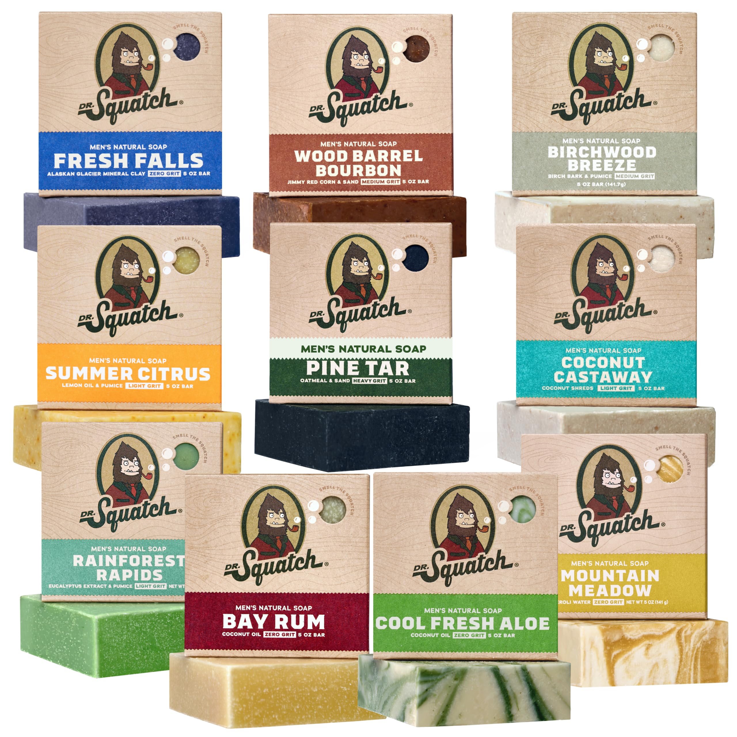Dr. Squatch front packaging showing the 10-pack and scent variety for convenient restocking