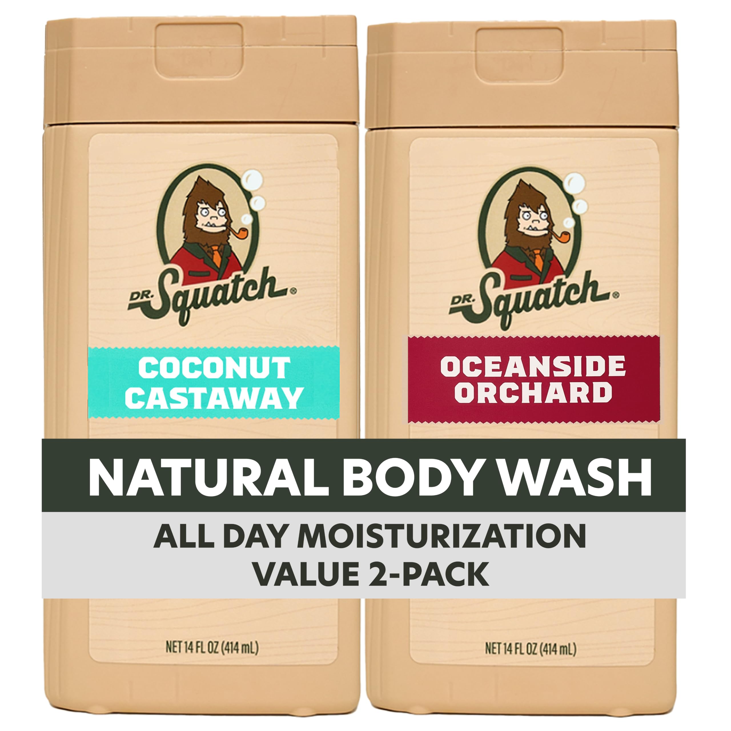 Dr. Squatch front packaging showing 14oz two-pack and product benefits
