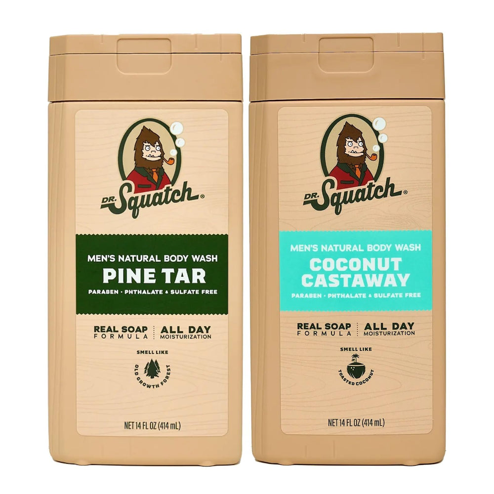 Dr. Squatch front packaging showing two 14oz bottles and brand benefits