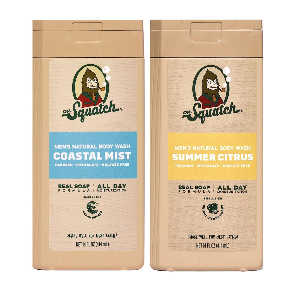 Dr. Squatch front packaging showing two 14oz bottles and clear benefits