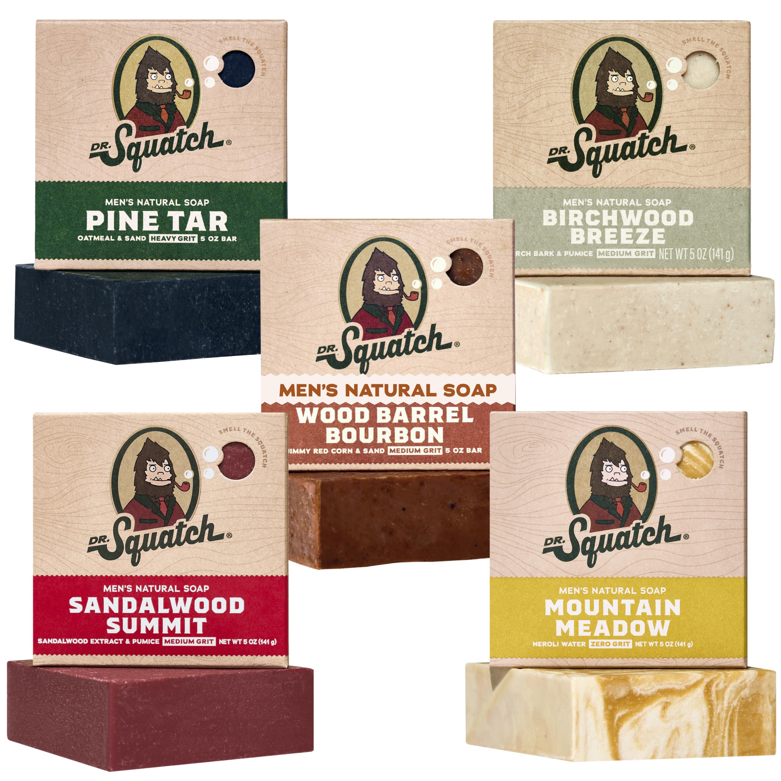 Dr. Squatch front packaging 5-pack showing all five scent labels and gifting appeal