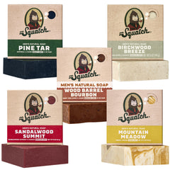 Dr. Squatch front packaging 5-pack showing all five scent labels and gifting appeal