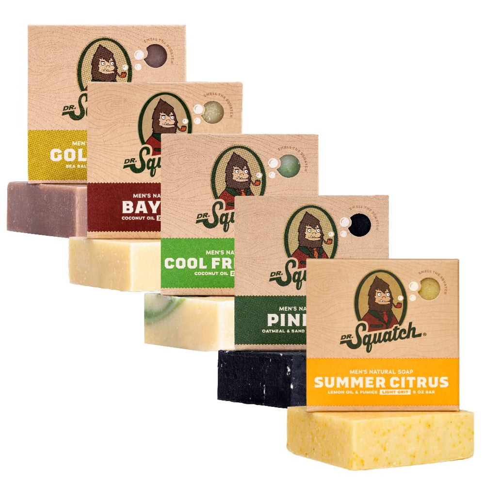 Dr. Squatch five-pack front packaging showing variety and convenience