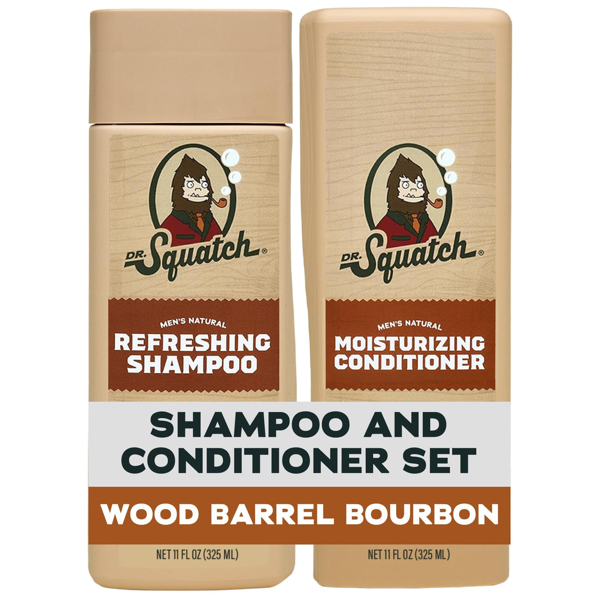 Dr. Squatch front packaging showing shampoo and conditioner, clear natural branding benefit
