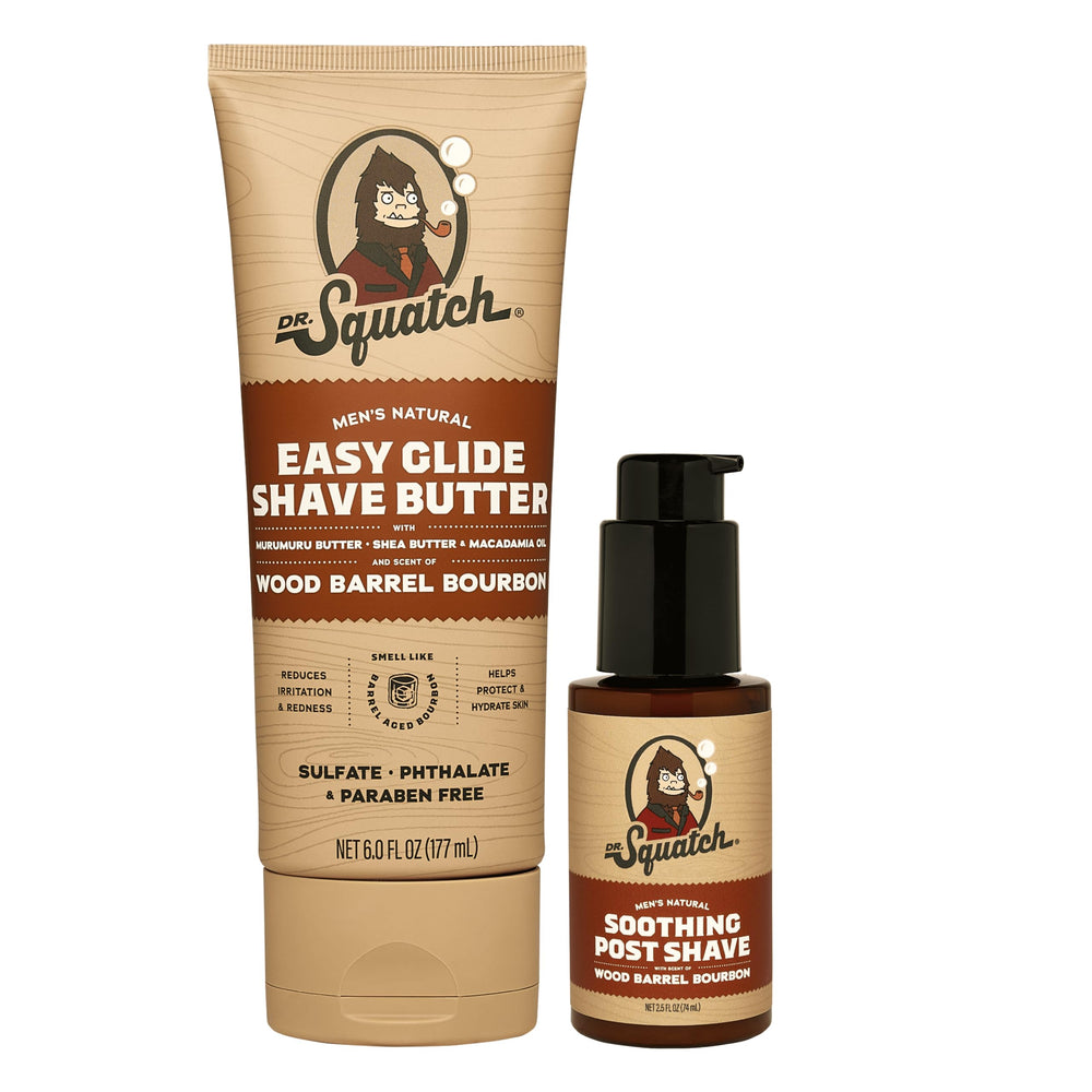 Dr. Squatch front packaging showing Wood Barrel Bourbon scent benefits skin comfort