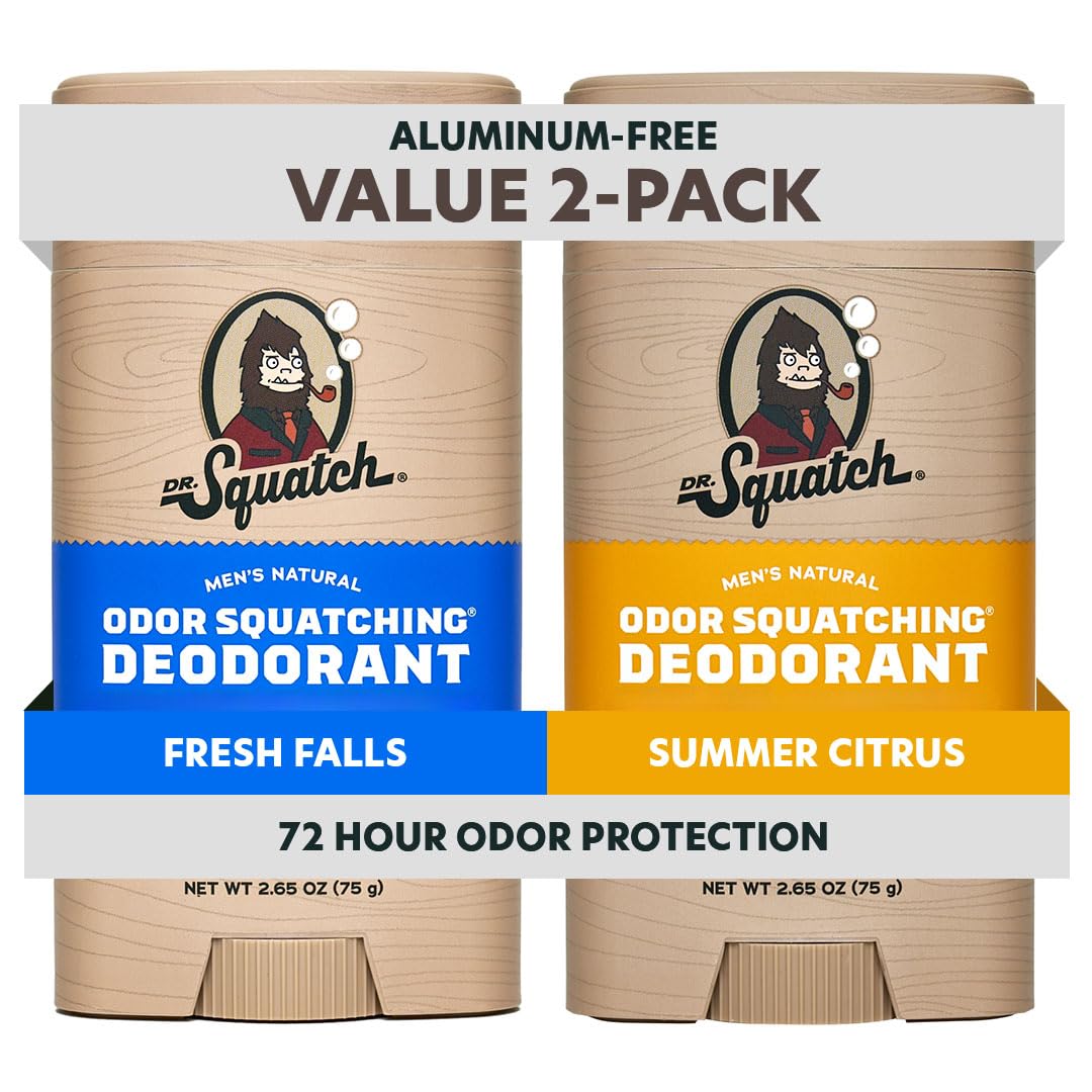 Dr. Squatch front packaging showing two-stick natural deodorant pack benefit freshness