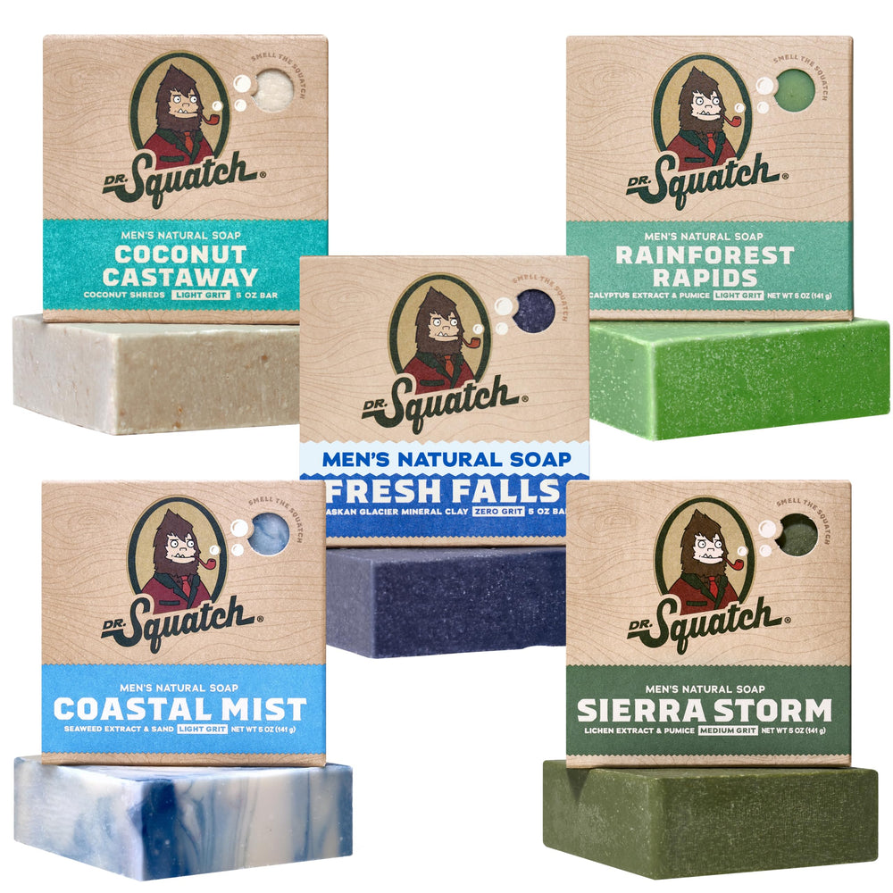 Dr. Squatch front packaging showing five-bar set and natural benefit