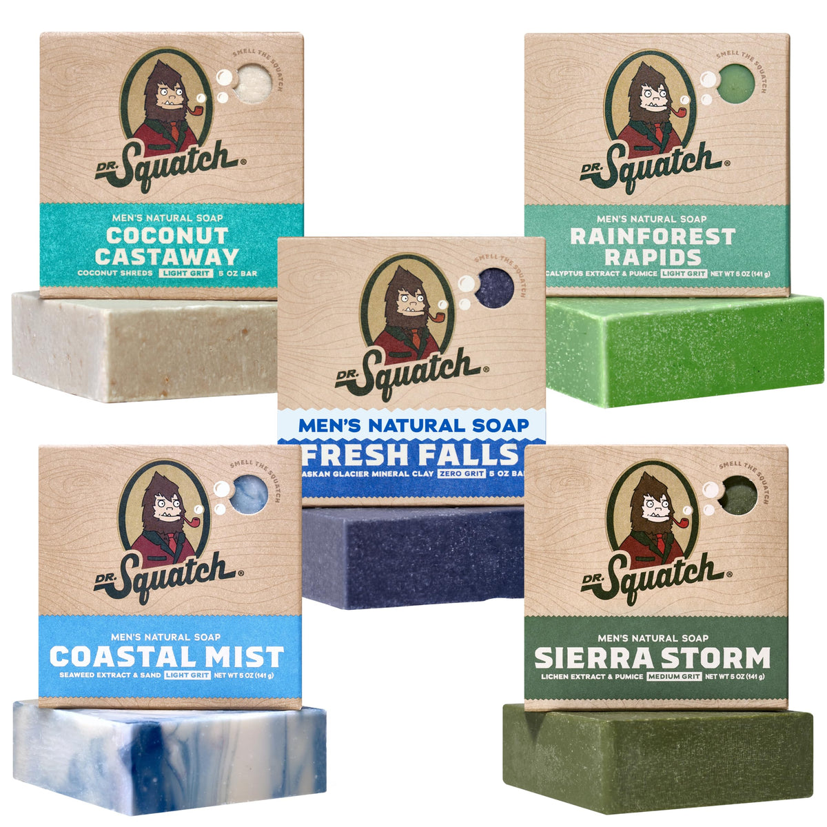 Dr. Squatch front packaging showing five-bar set and natural benefit
