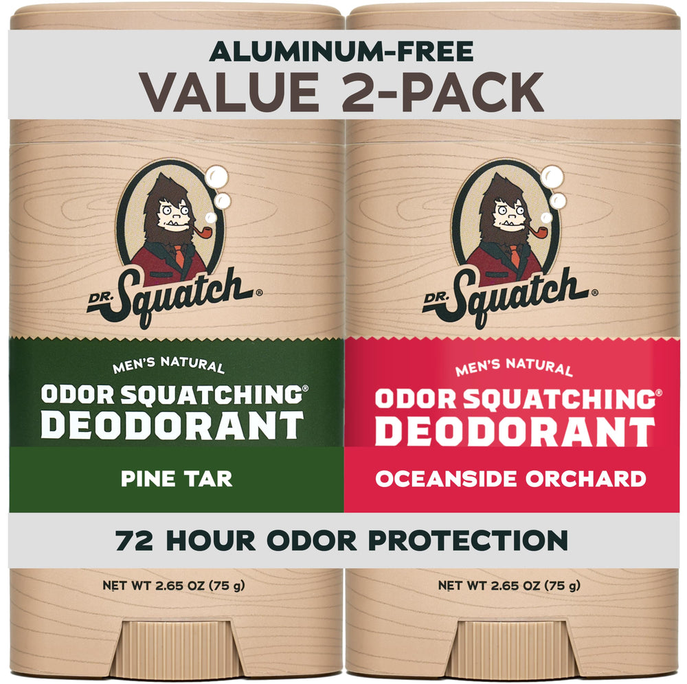Dr. Squatch front packaging showing two-stick bundle and benefit of natural odor control
