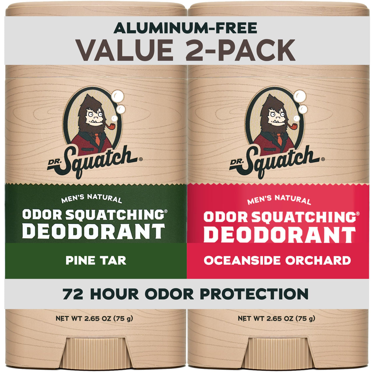 Dr. Squatch front packaging showing two-stick bundle and benefit of natural odor control