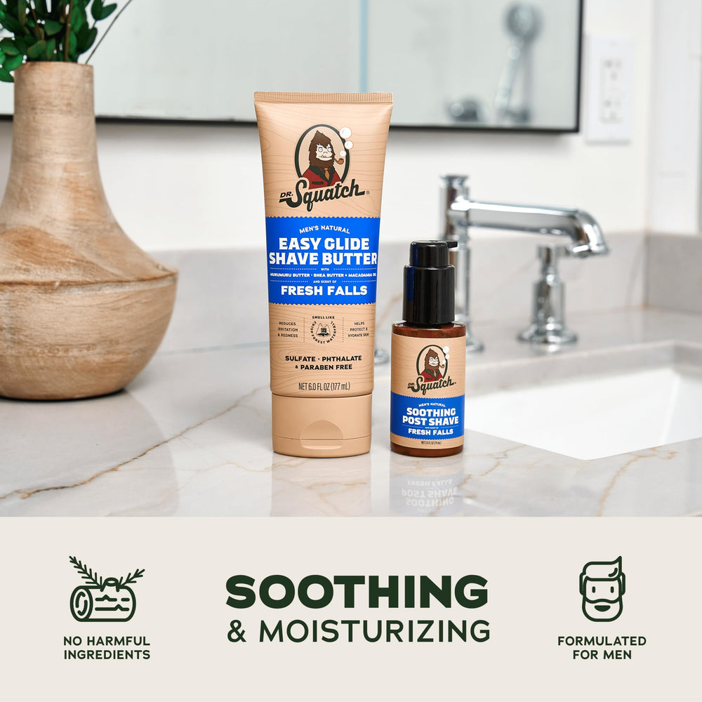 Dr. Squatch applying shave butter from tube demonstrating easy spread and control