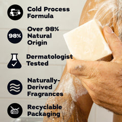 Dr. Squatch ingredients display with coconut, shea butter, kaolin clay clarity