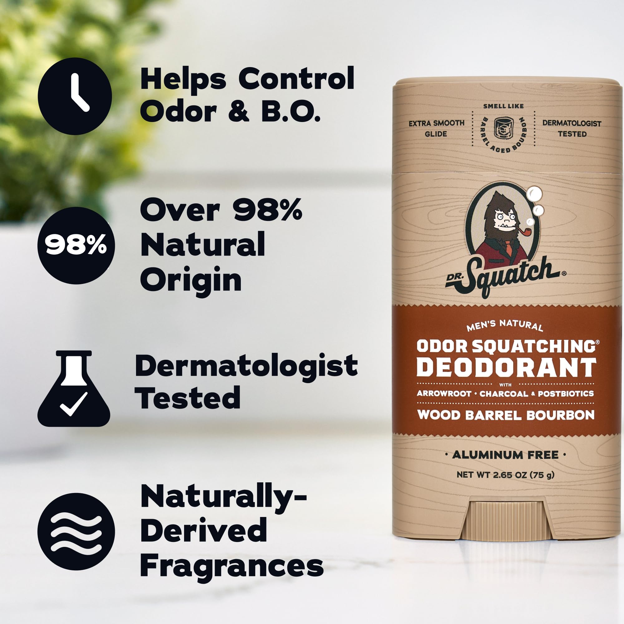 Dr. Squatch ingredients display arrowroot charcoal and postbiotics benefit