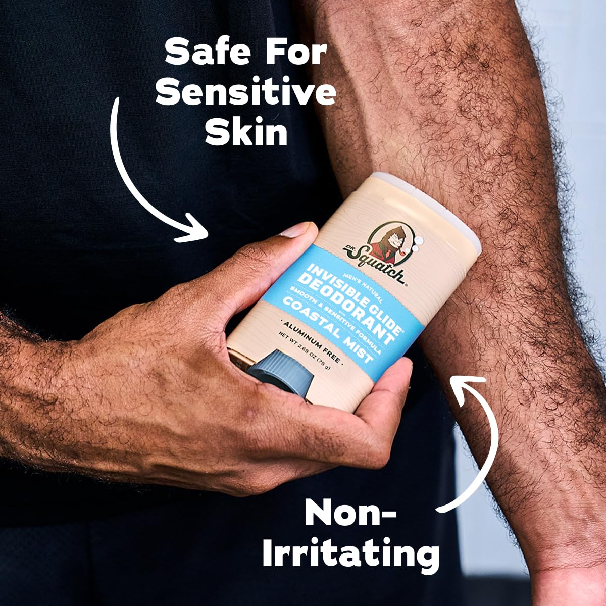 Dr. Squatch applying stick to underarm demonstrating easy use