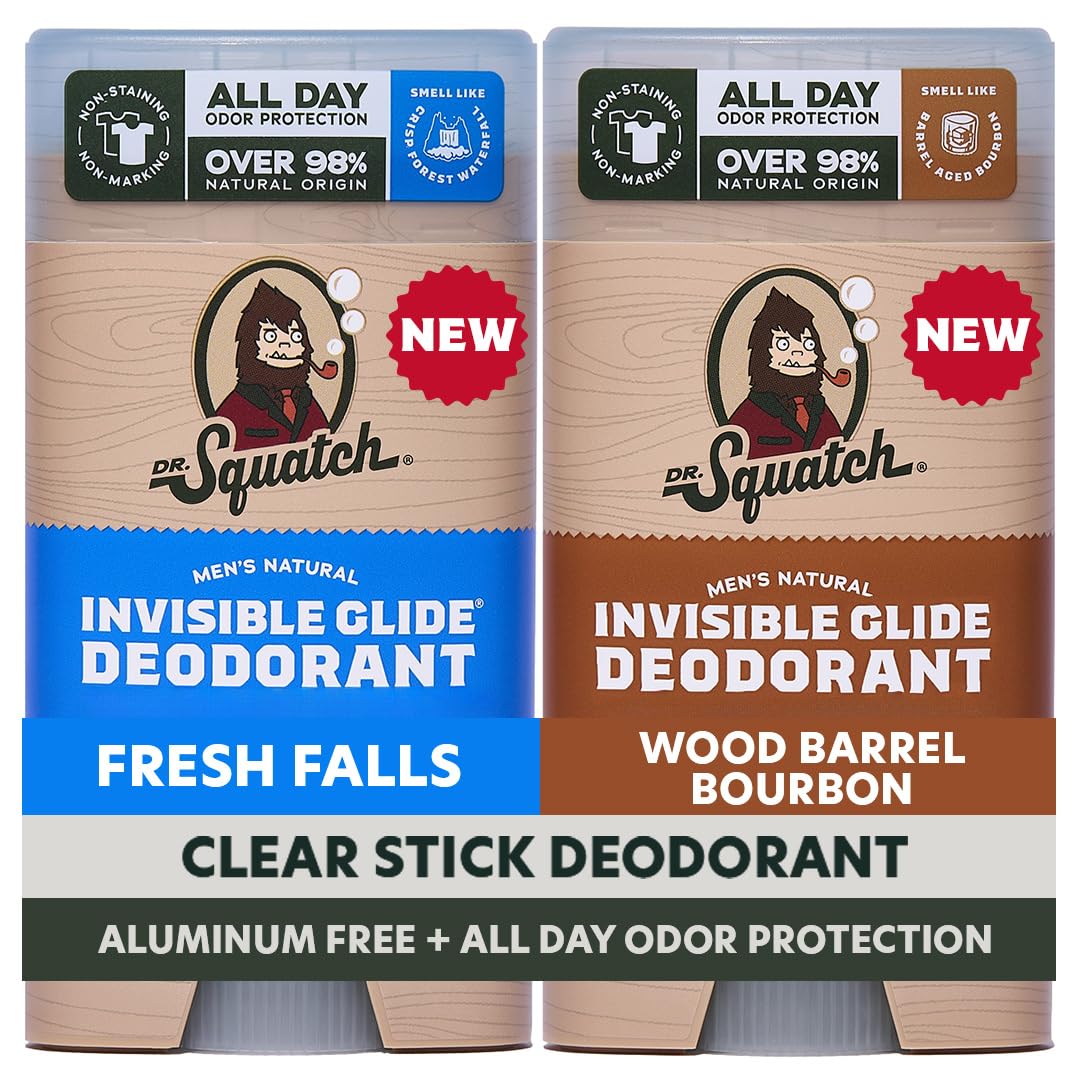 Dr. Squatch front packaging showing two sticks with clear finish benefit