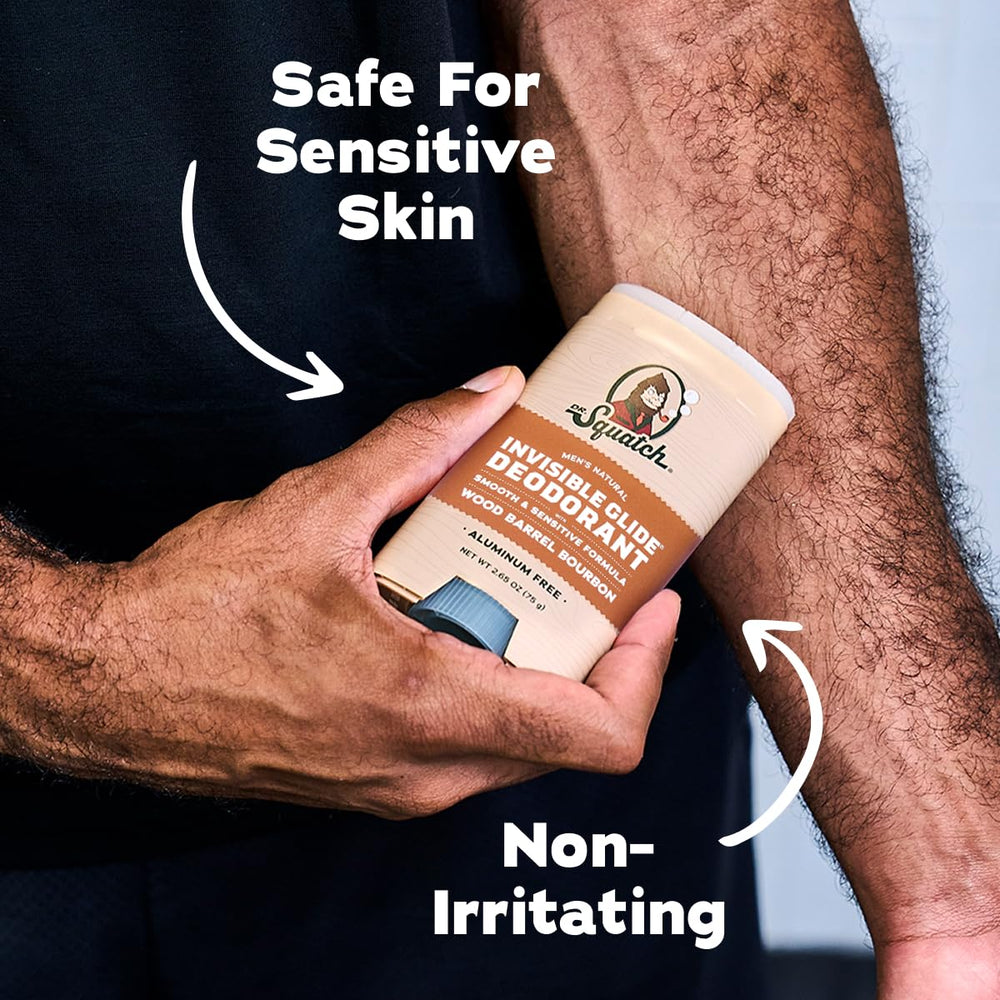 Hand applying Dr. Squatch deodorant, easy swipe and no residue benefit