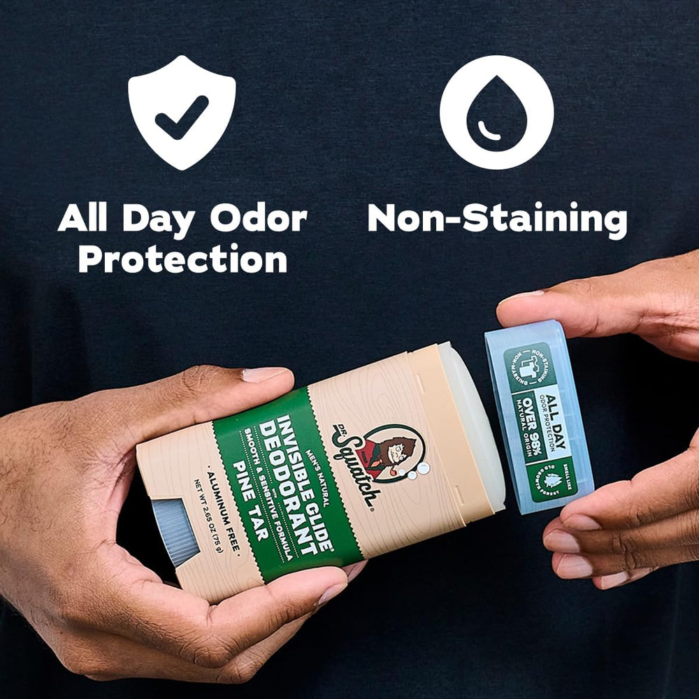 Dr. Squatch Pine Tar stick label highlighting rugged scent profile