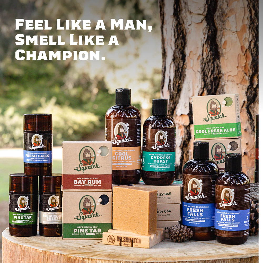 Dr. Squatch label close-up revealing scent names and natural-ingredient transparency