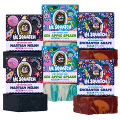 Dr. Squatch front packaging showing six colorful kids soap bars and clear benefits