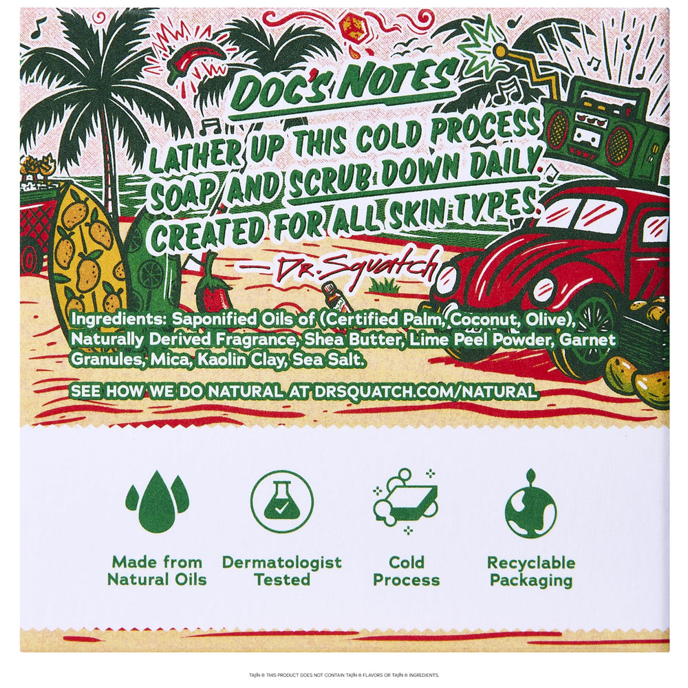 Dr. Squatch label and branding close-up showing collaboration with Tajín authenticity