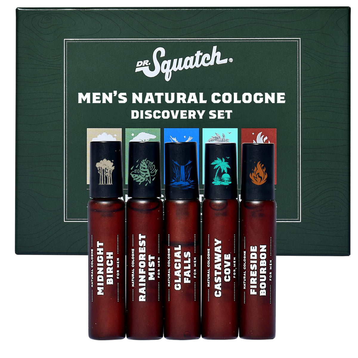 Dr. Squatch front packaging showing five mini colognes for easy scent sampling