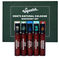 Dr. Squatch front packaging showing five mini colognes for easy scent sampling