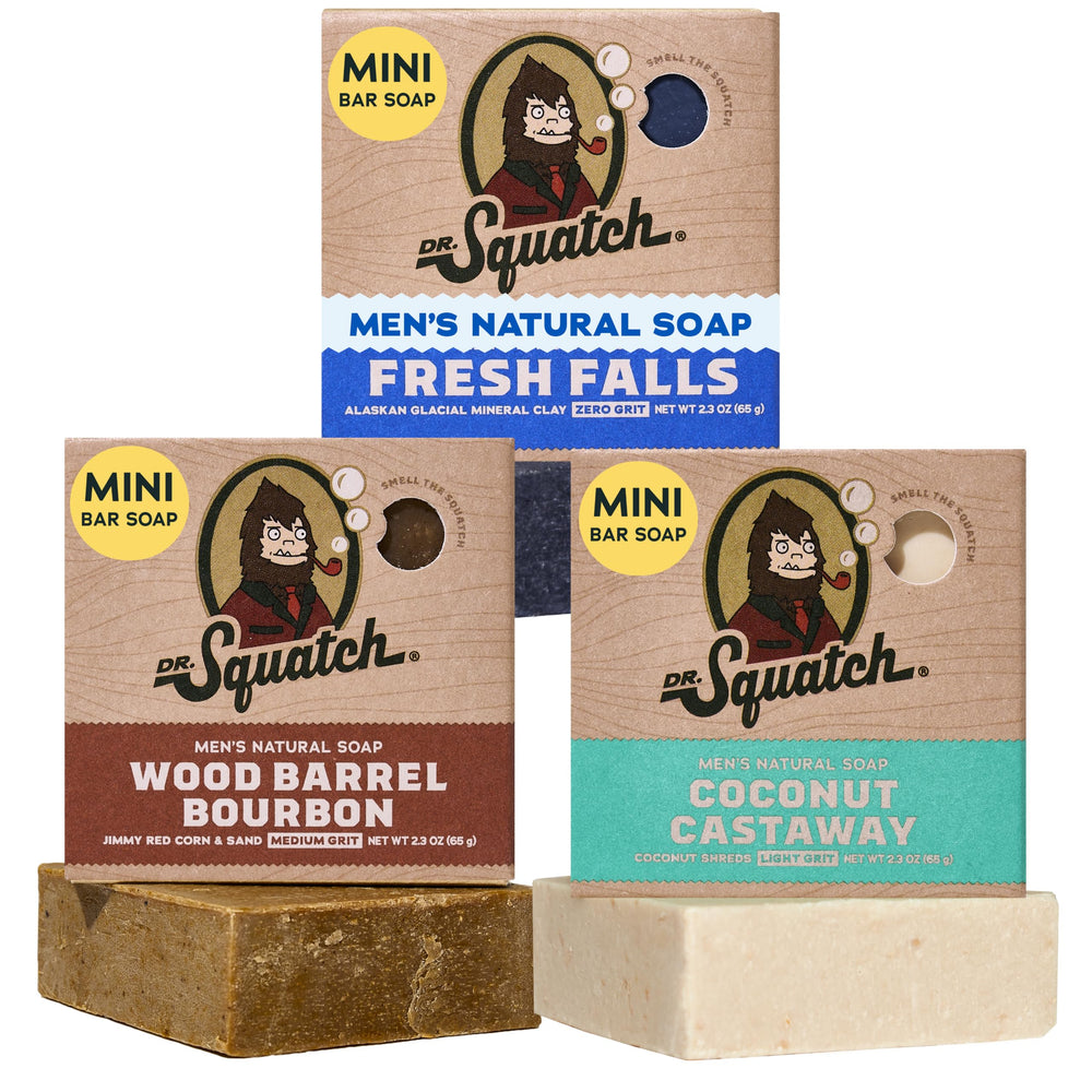 Dr. Squatch mini pack front view showing compact travel-ready soap