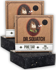 Dr. Squatch front packaging showing two pine tar soap bars and woodsy appeal