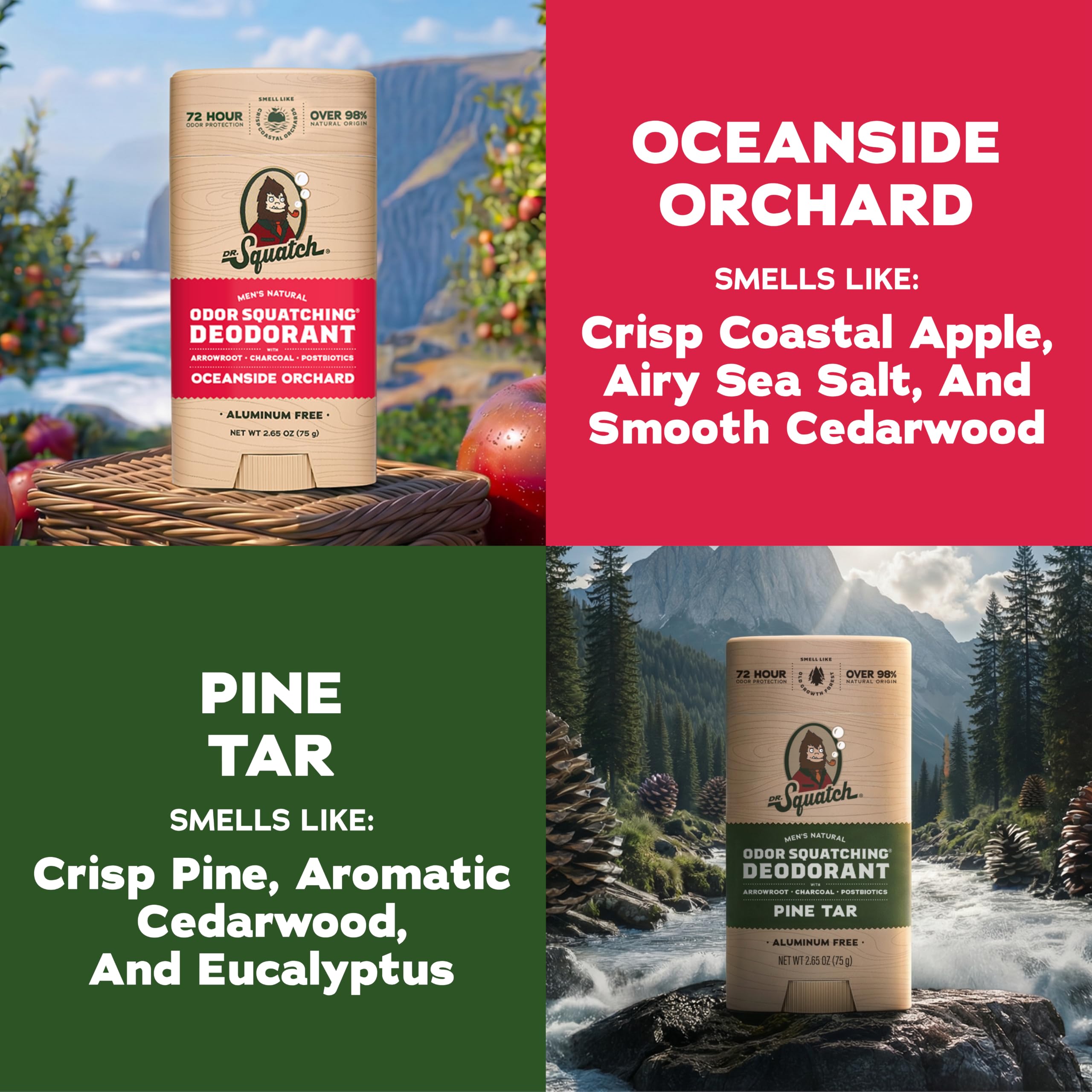 Dr. Squatch Pine Tar label showing woody scent profile and rugged scent longevity benefit