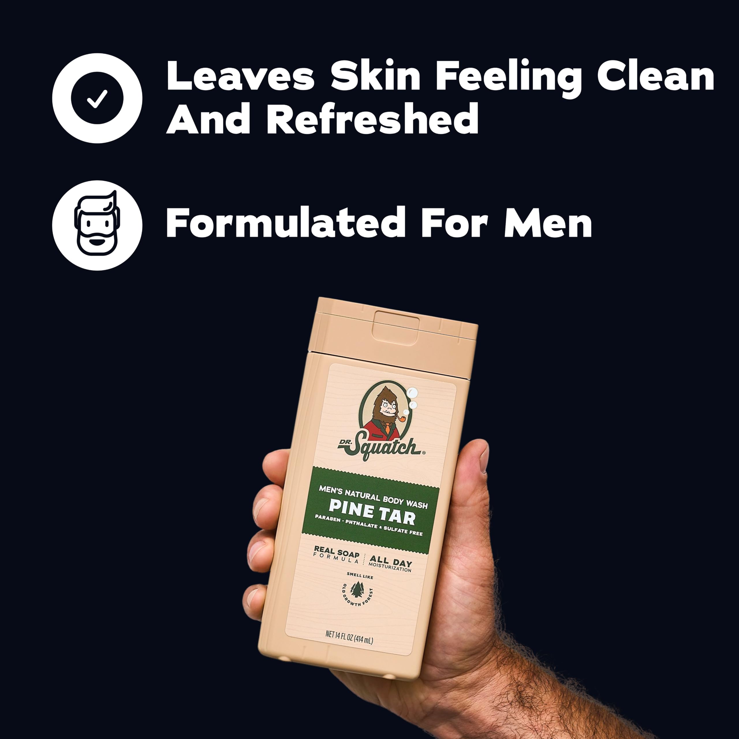Dr. Squatch pump and label detail highlighting natural formula benefits