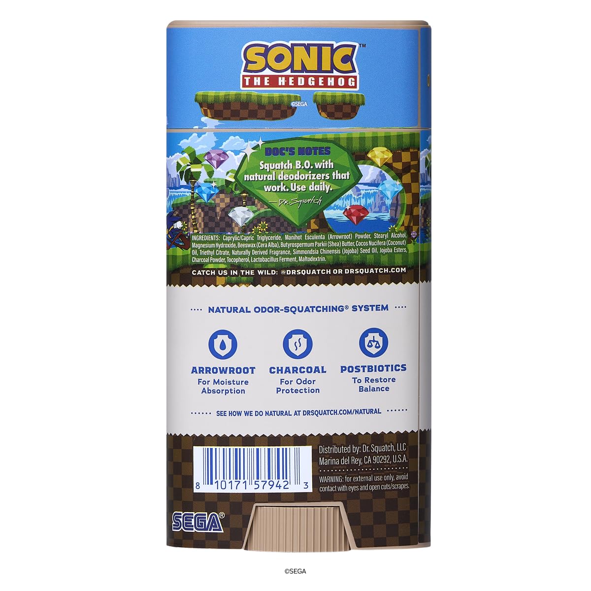 Dr. Squatch back packaging with ingredient list and usage directions, transparent labeling