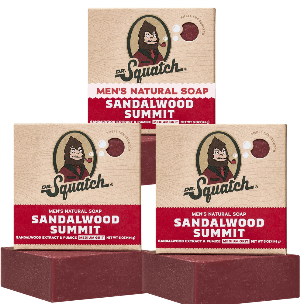 Dr. Squatch pack front showing three sandalwood bars and clear labeling for natural benefits