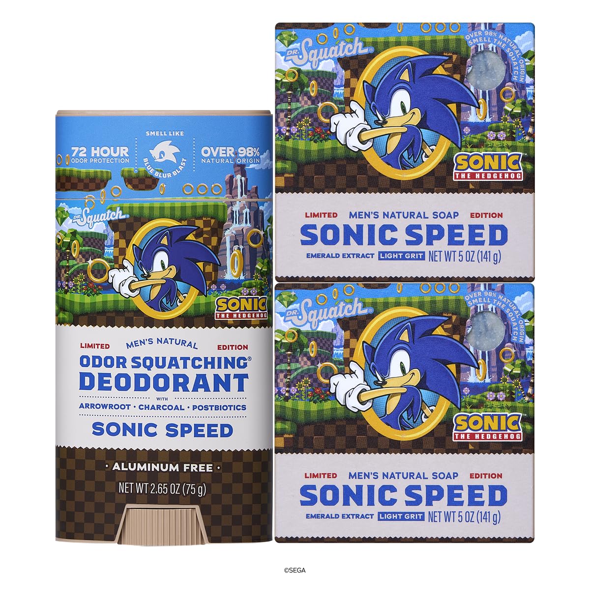 Dr. Squatch front packaging showing the Sonic 3-pack, energetic scent visible