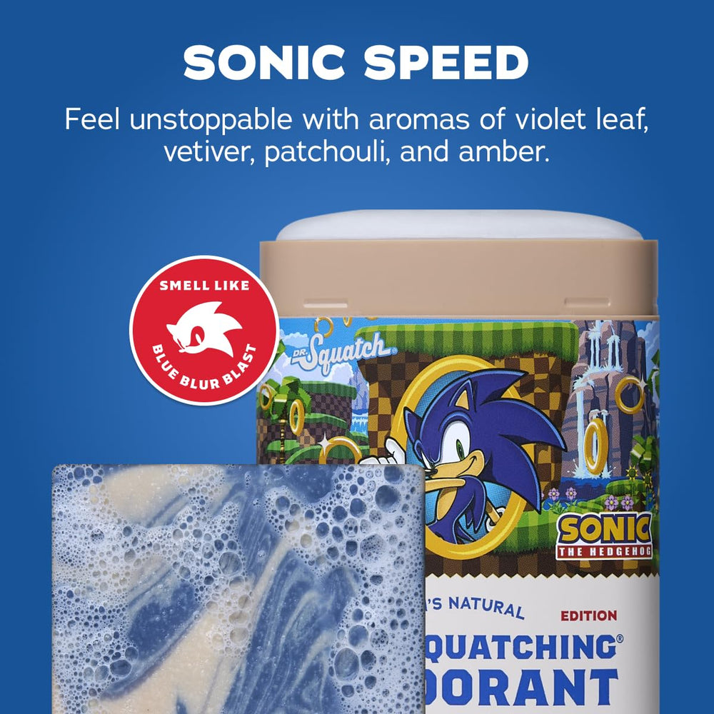 Dr. Squatch deodorant stick label visible, easy-grip design for application