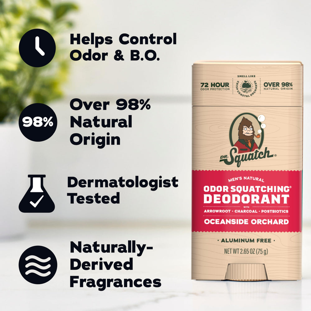 Dr. Squatch stick in hand to show size and travel-friendly convenience benefit