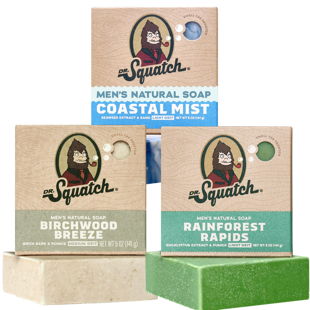 Dr. Squatch three-pack front packaging showing all three bars and scents