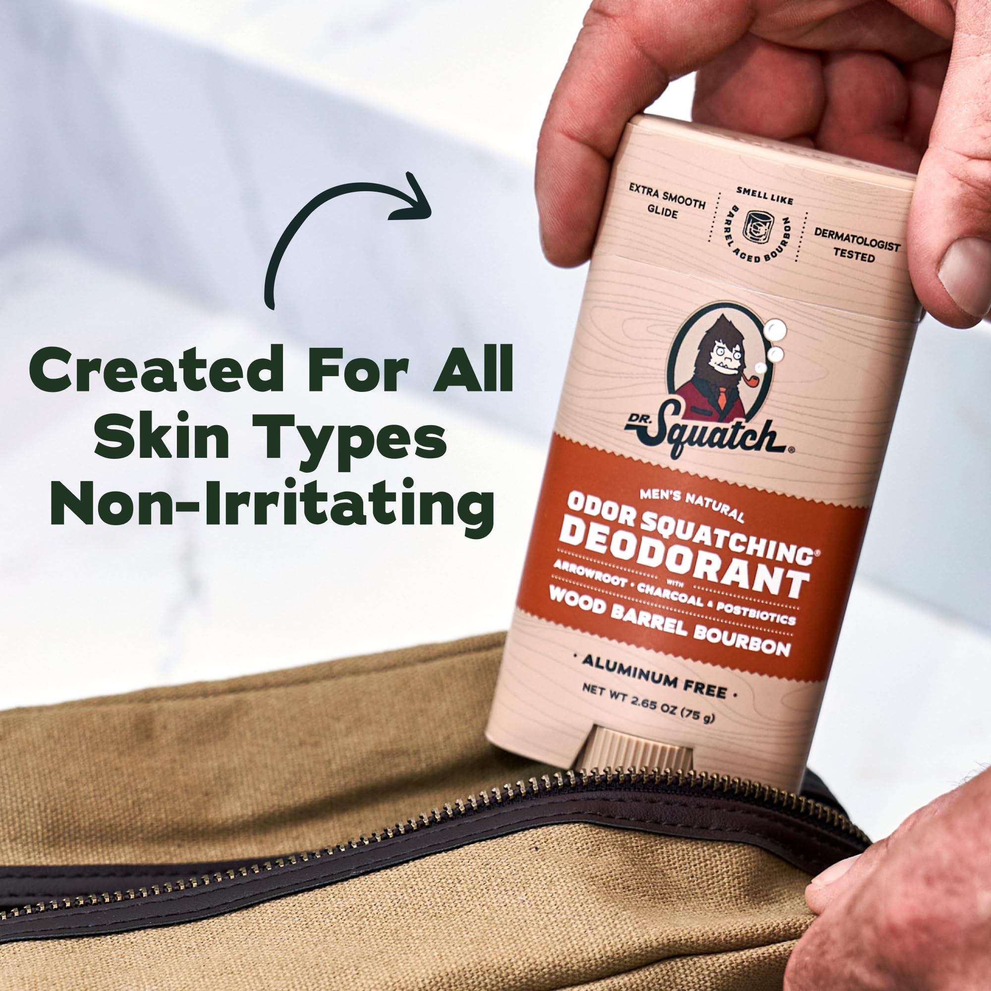 Dr. Squatch three-pack on bathroom counter for convenient stocking