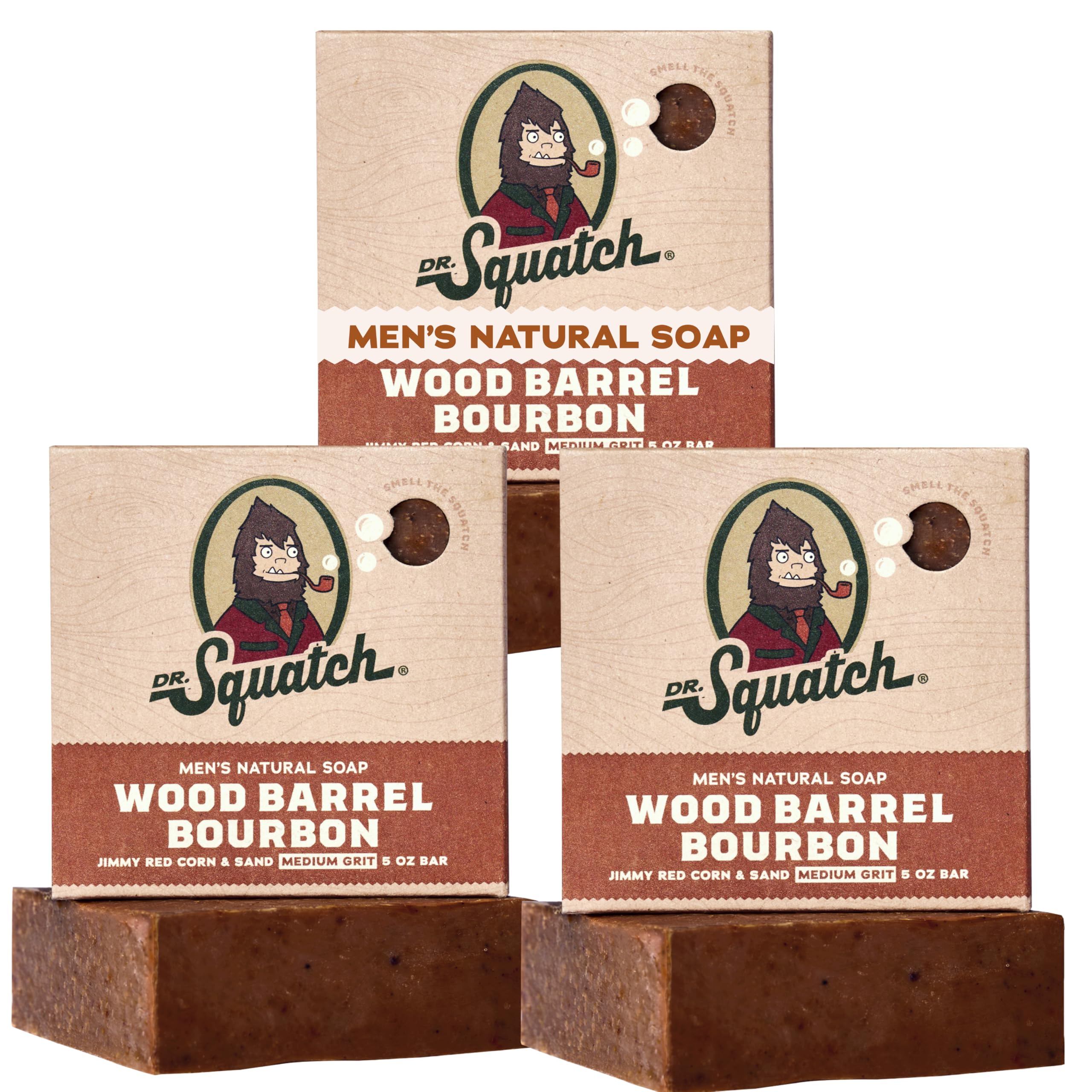 Dr. Squatch front packaging showing three Wood Barrel Bourbon bars and brand benefit