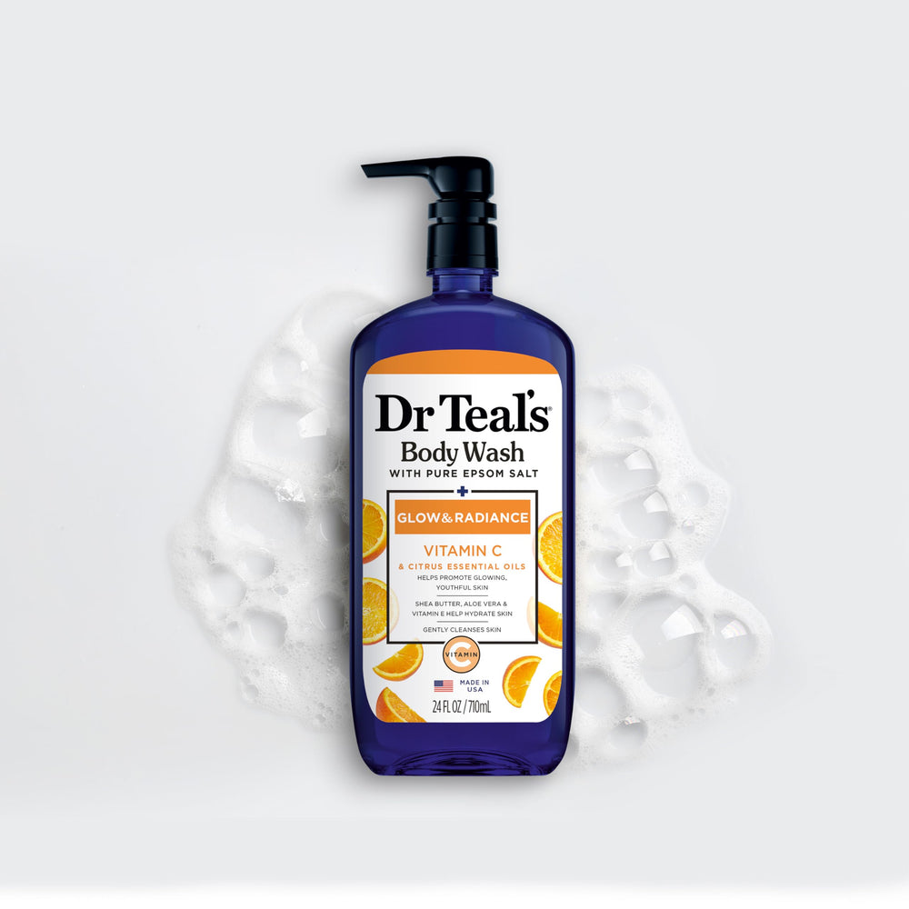Dr Teal's 24oz bottle next to common items for size clarity