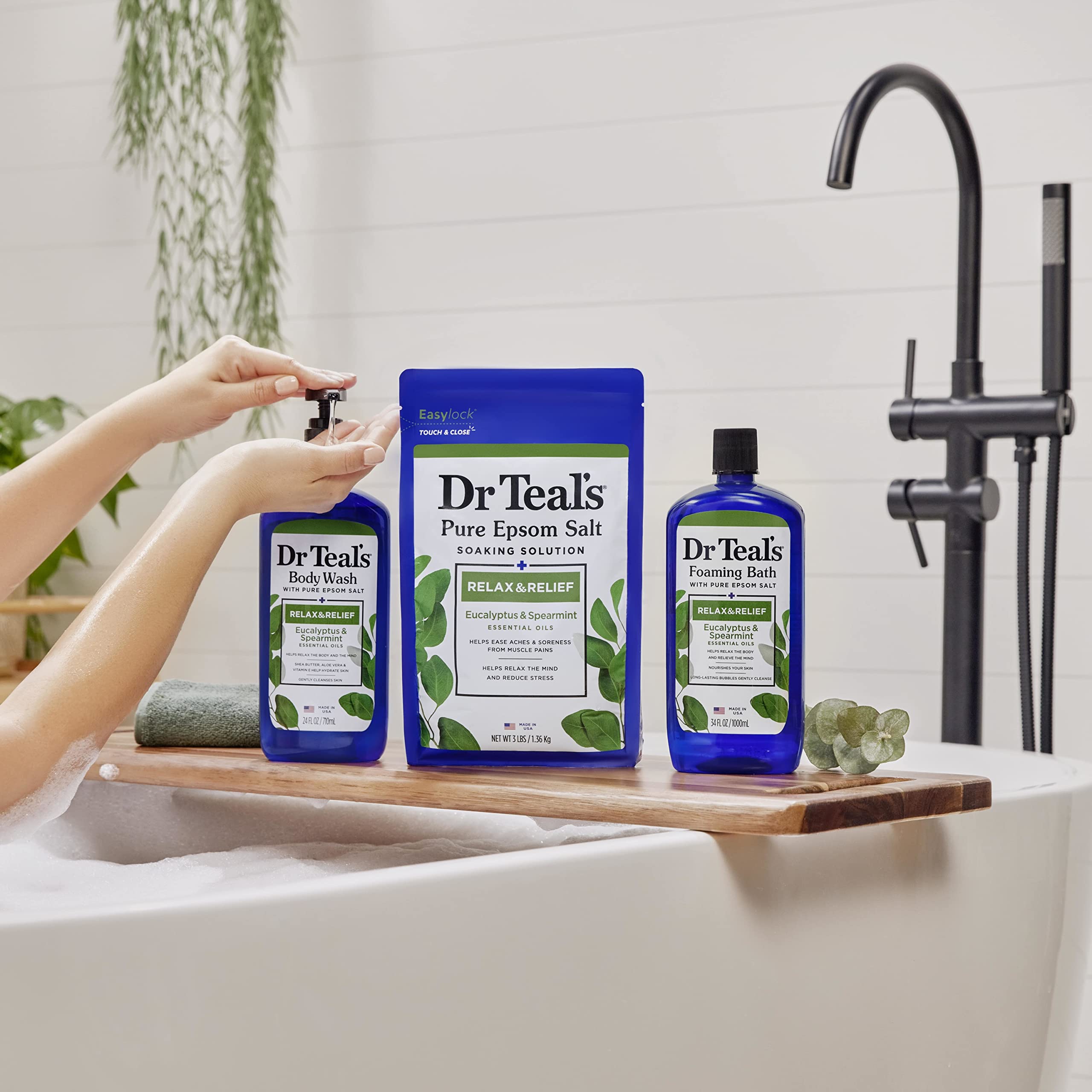 Bathtub scene with Dr Teal's bottle for a spa-like, relaxing bath experience